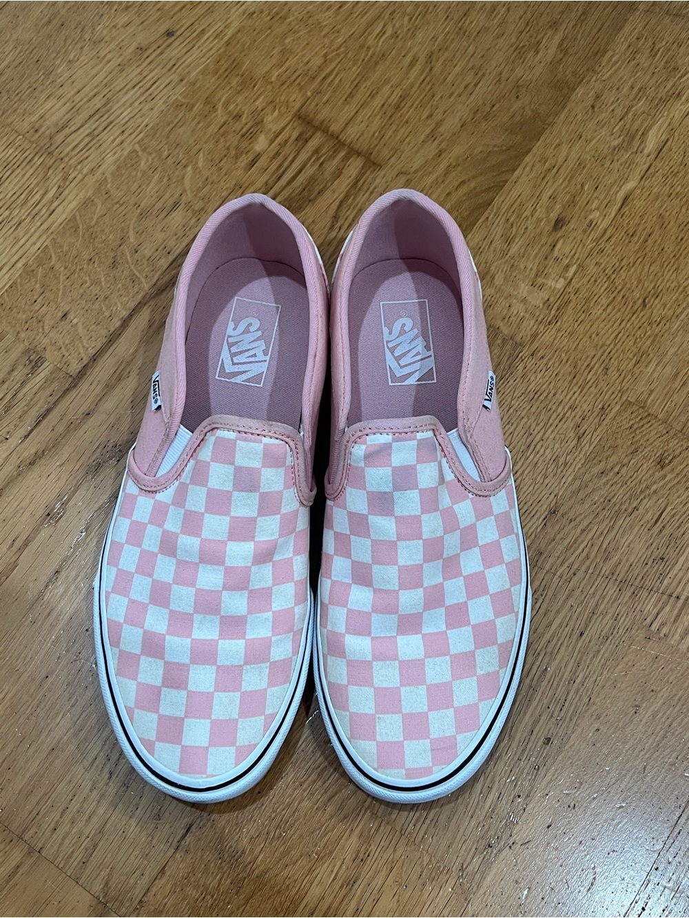Vans Pink and White Checkerboard Slip-On Sneakers